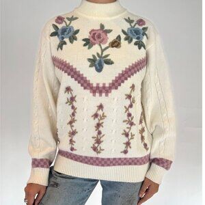 80s vintage cream floral embroidered grandma mock neck cable knit sweater